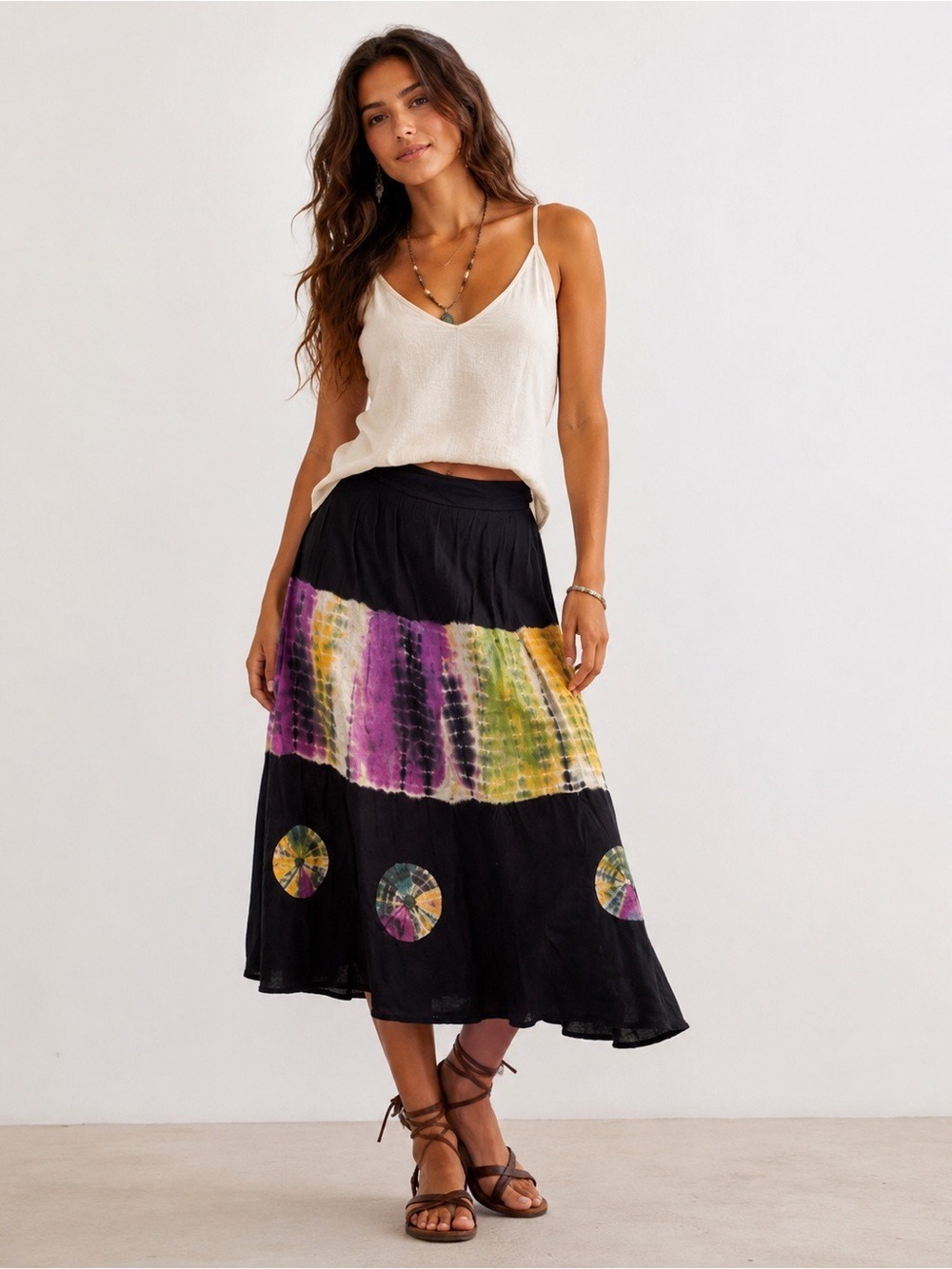 Artsy Boho Tie Dye Cotton Midi Skirt Black Festival Shibori S/M